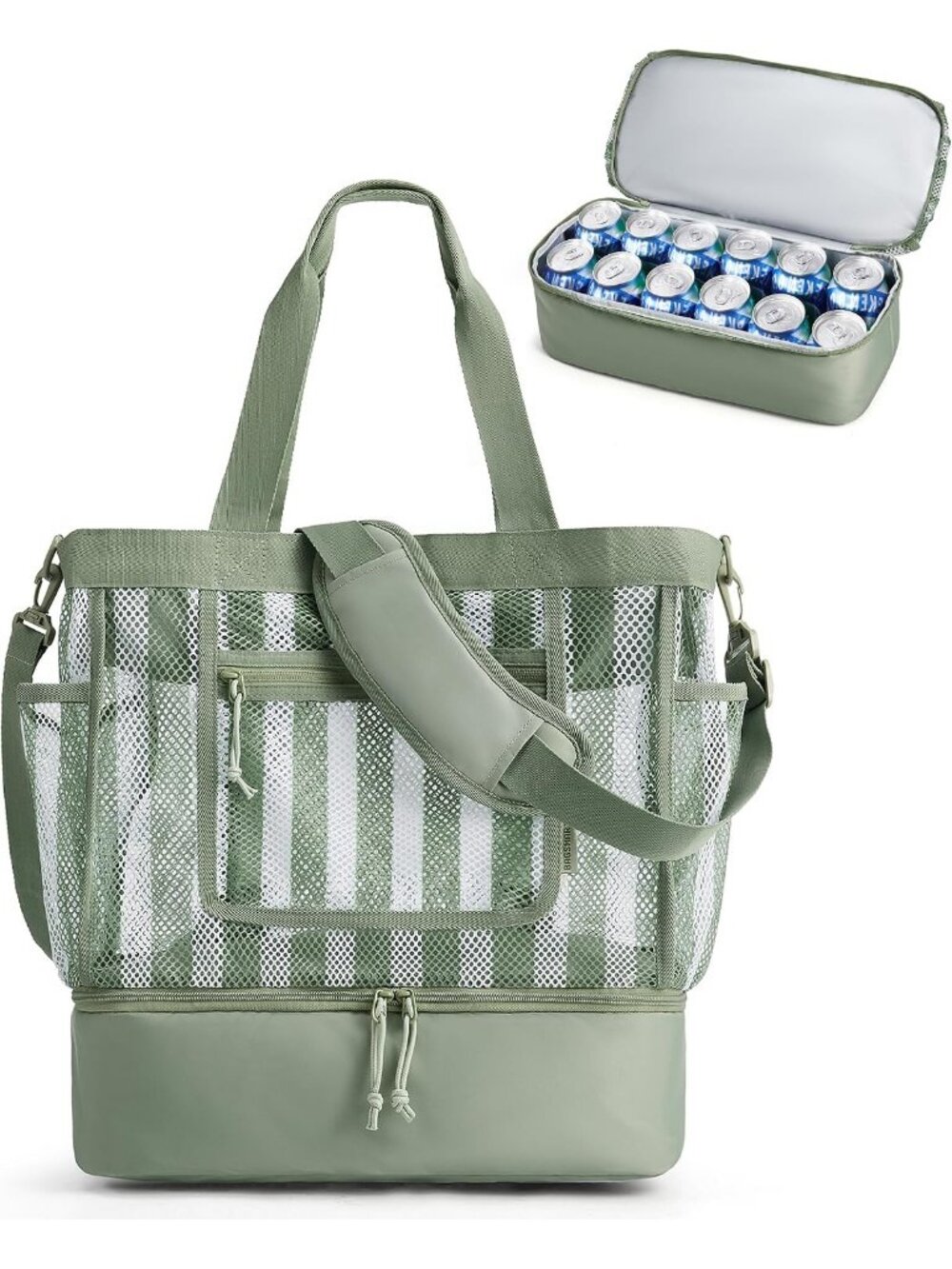Women's Green Beach Bag Mesh Tote Zipper Sandproof Cooler Swim Cruise Pool Bag